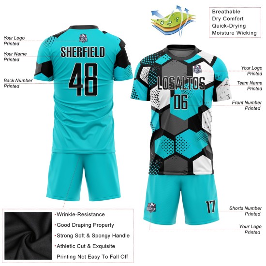 Sublimation Uniform Custom Soccer Aqua Black-White Jersey